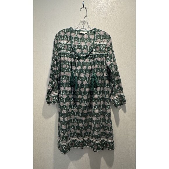 SZ BLOCKPRINTS Dresses & Skirts - SZ Blockprints Women’s One Size Layla Green Print Tunic Dress Boho Tassel Resort